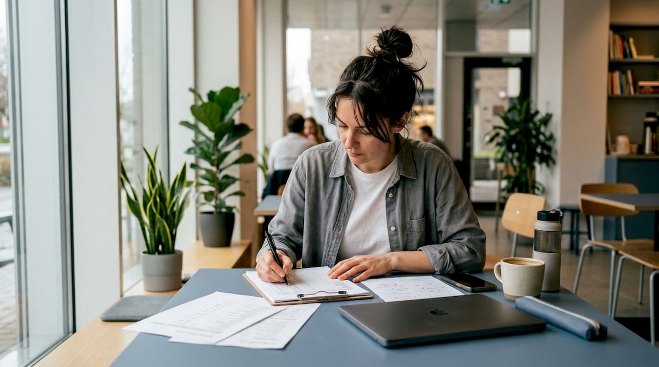 Employee reviewing redirect list at desk during website migration