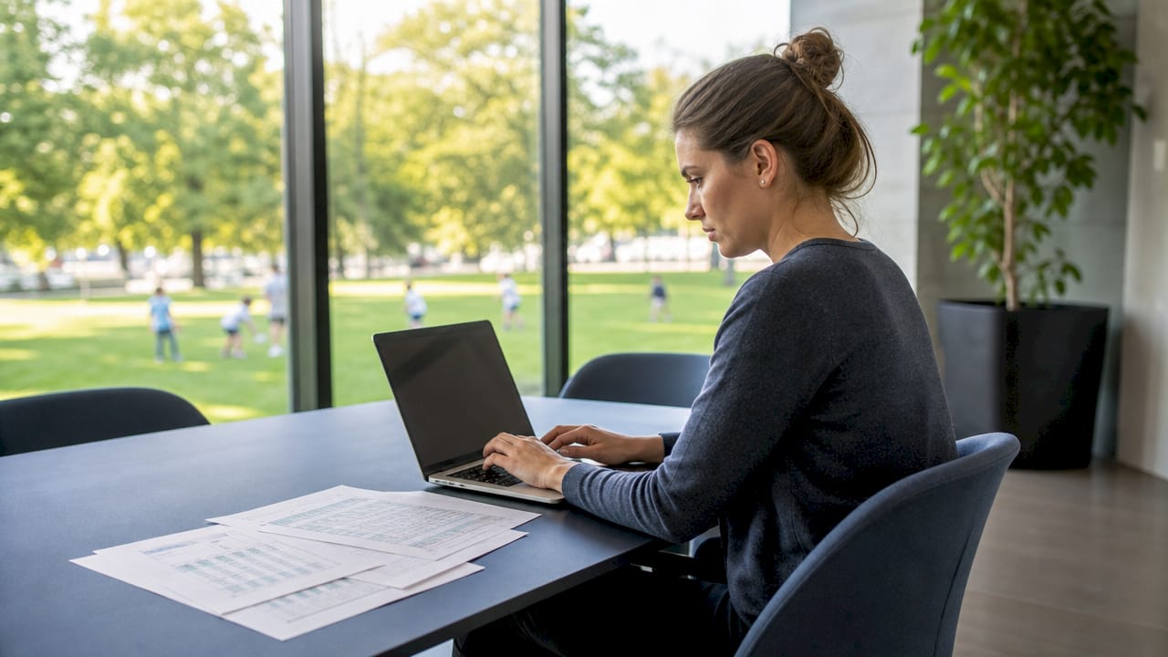 A woman working from home on SEO migration on her laptop