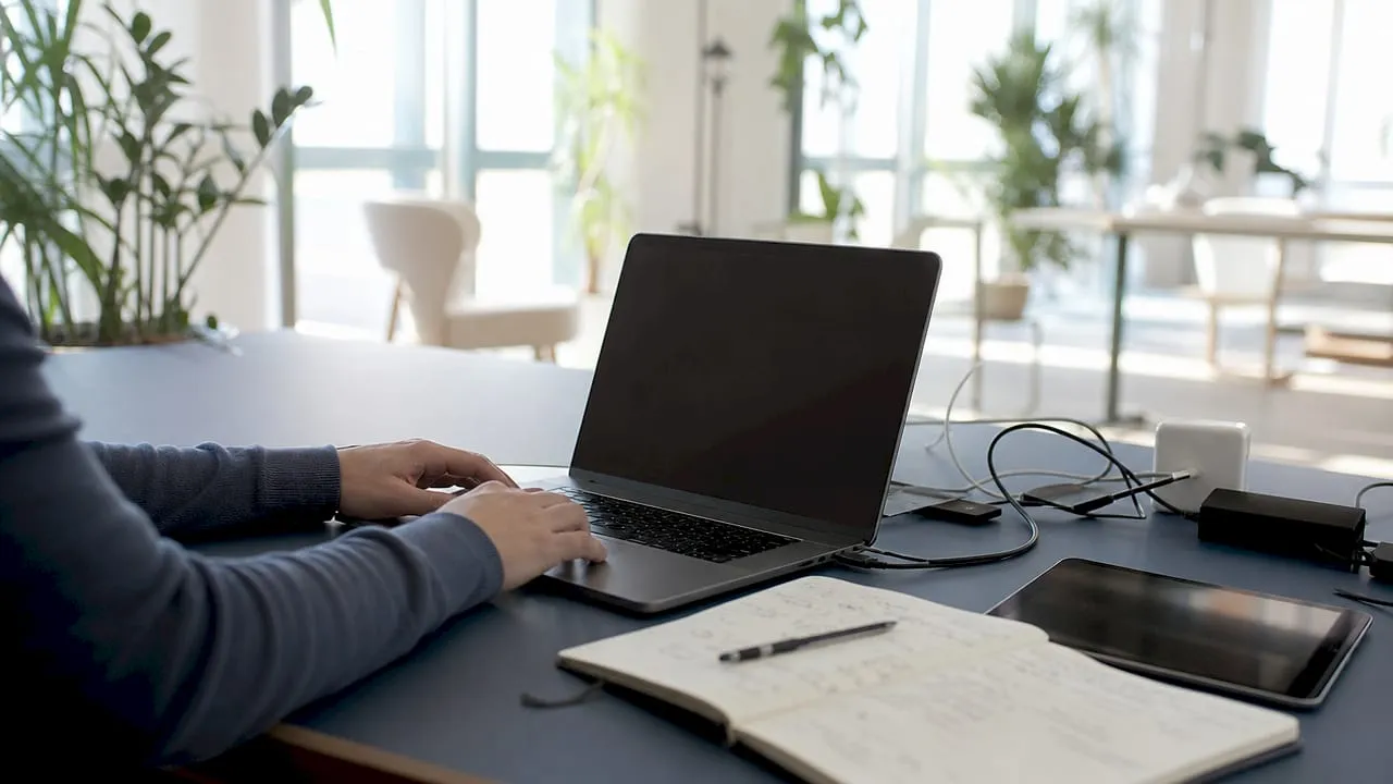 Hands performing technical inventory transfer process on computer