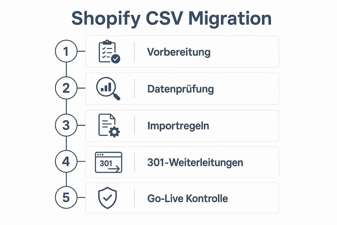 Schritt-für-Schritt-Infografik zur Migration mit Shopify-CSV