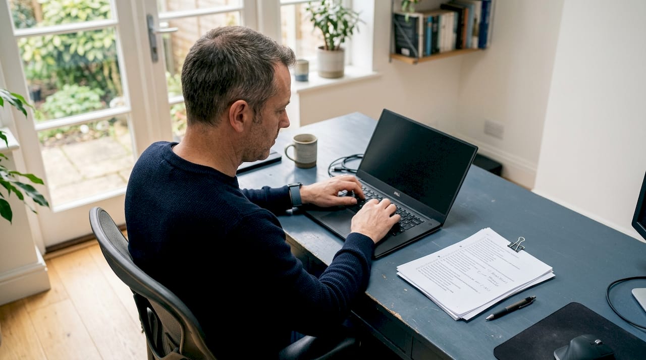 An IT expert handles content transfer on a laptop while working with checklists.